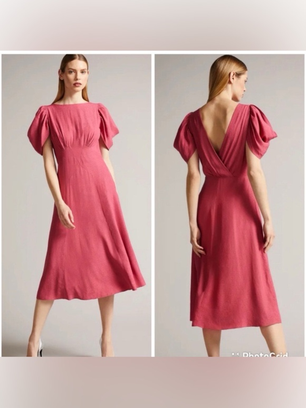 Ted Baker London Pink Midi Dress with Puff Sleeves and V-Back